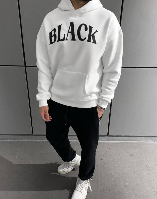 Чоловіче біле худі оверсайз з принтом BLACK, бавовна