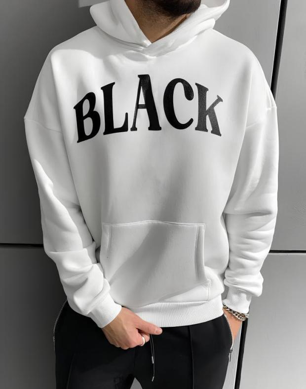 Чоловіче біле худі оверсайз з принтом BLACK