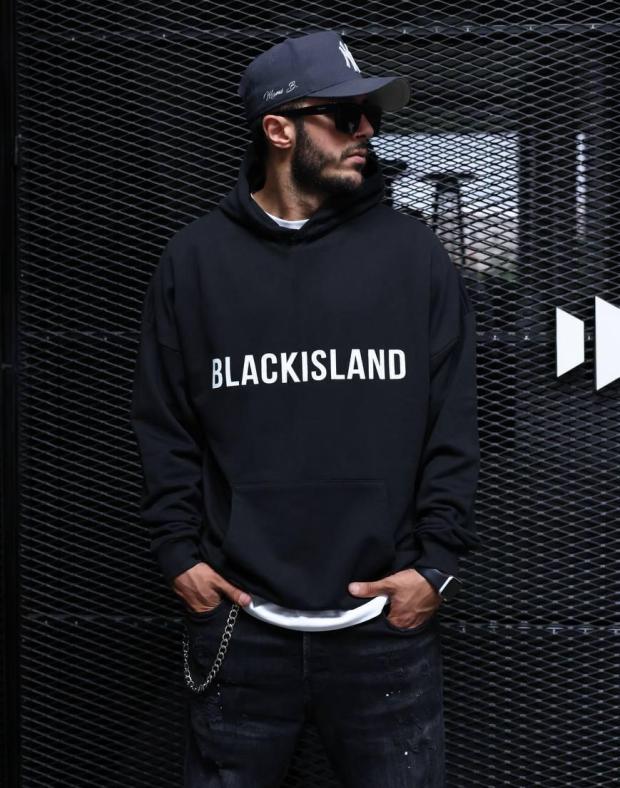 Худі чоловіче чорне оверсайз з принтом BLACKISLAND
