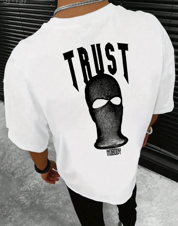 Мужская белая оверсайз футболка с принтом TRUST, 100% хлопок - Фото 1