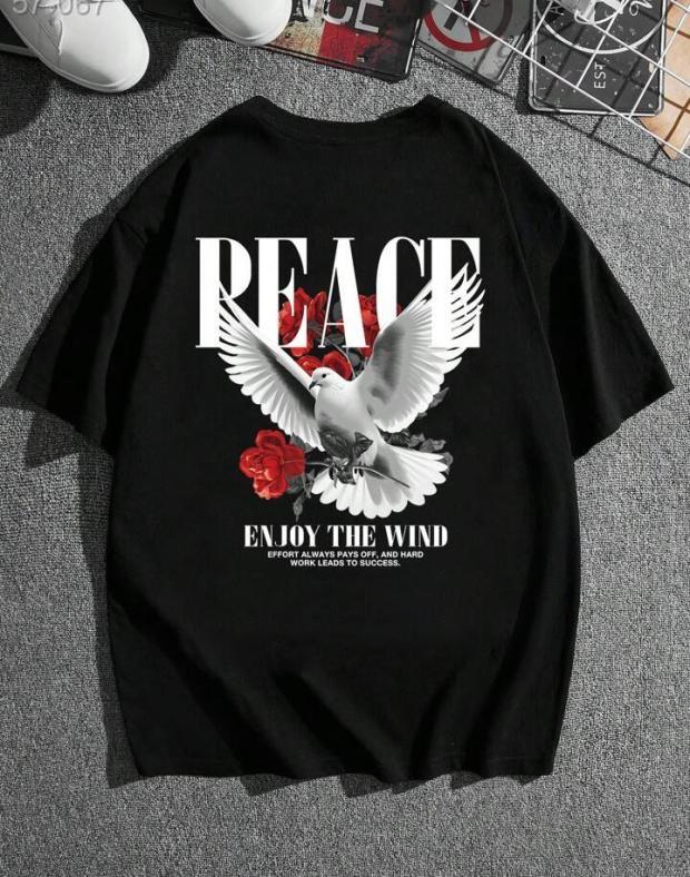 Мужская чёрная футболка с принтом «Peace» DTF, 100% хлопок - Фото 1