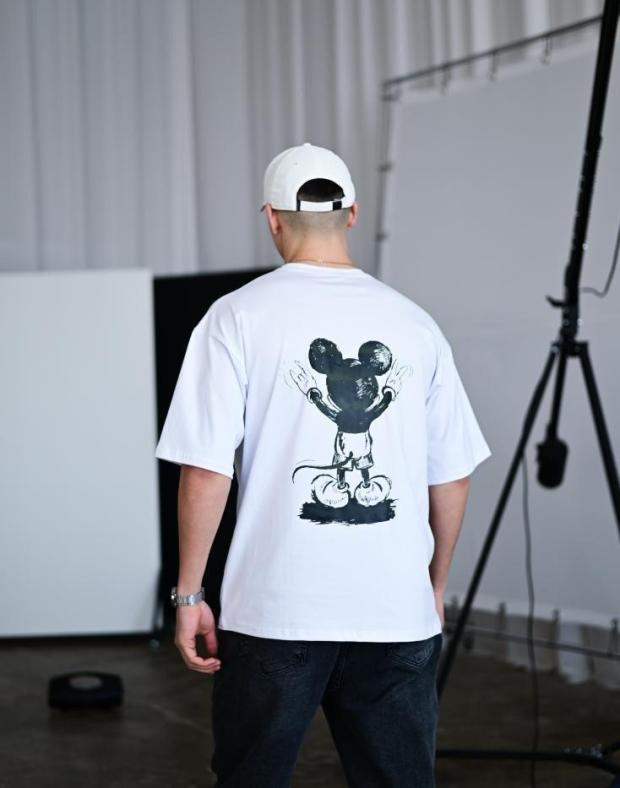 Футболка чоловіча біла оверсайз з принтом Mickey Mouse, бавовна