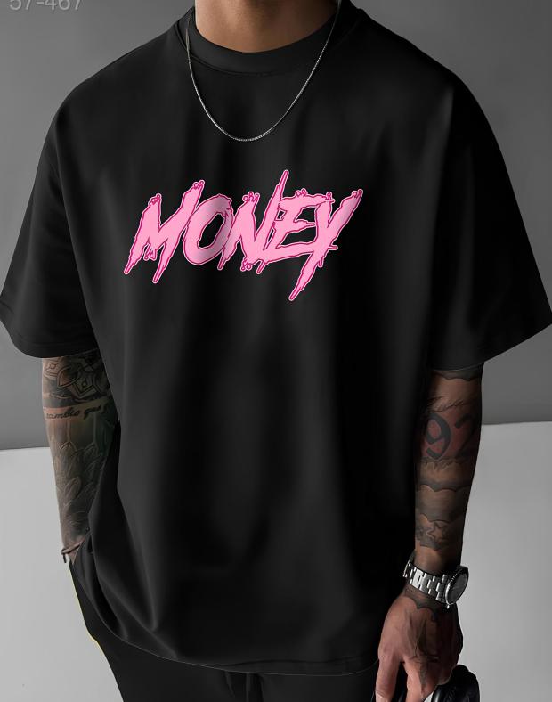 Футболка мужская черная оверсайз с розовым принтом MONEY, хлопок полиэстер - Фото 1