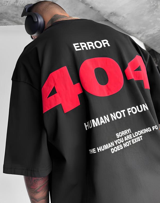 Футболка унисекс черная оверсайз с принтом 404 Human Not Found, хлопок и полиэстер - Фото 1