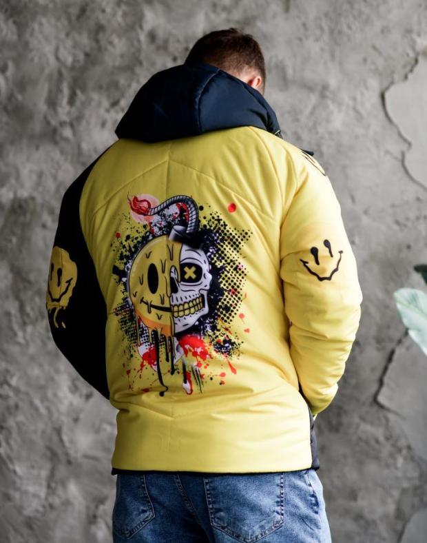 Куртка чоловіча чорна з жовтим яскравим принтом smiley, зимова - Фото 5