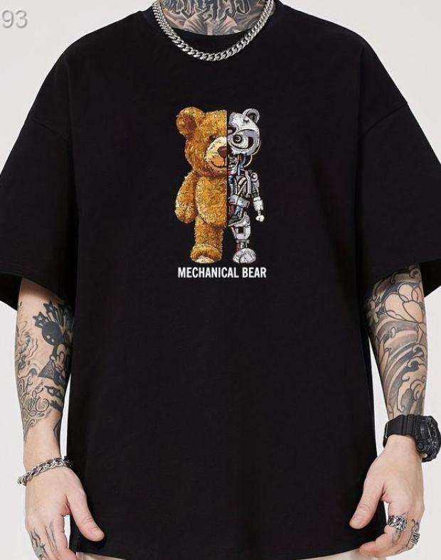 Черная мужская футболка оверсайз с принтом Mechanical Bear, 100% хлопок - Фото 1
