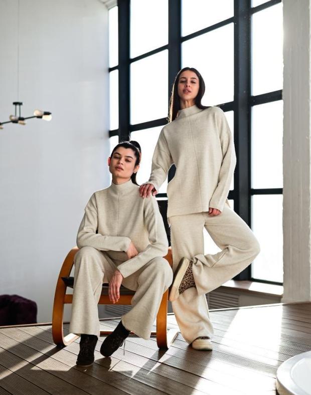 Спортивный костюм женский светло-бежевый relaxed fit хлопок, осень/зима - Фото 4