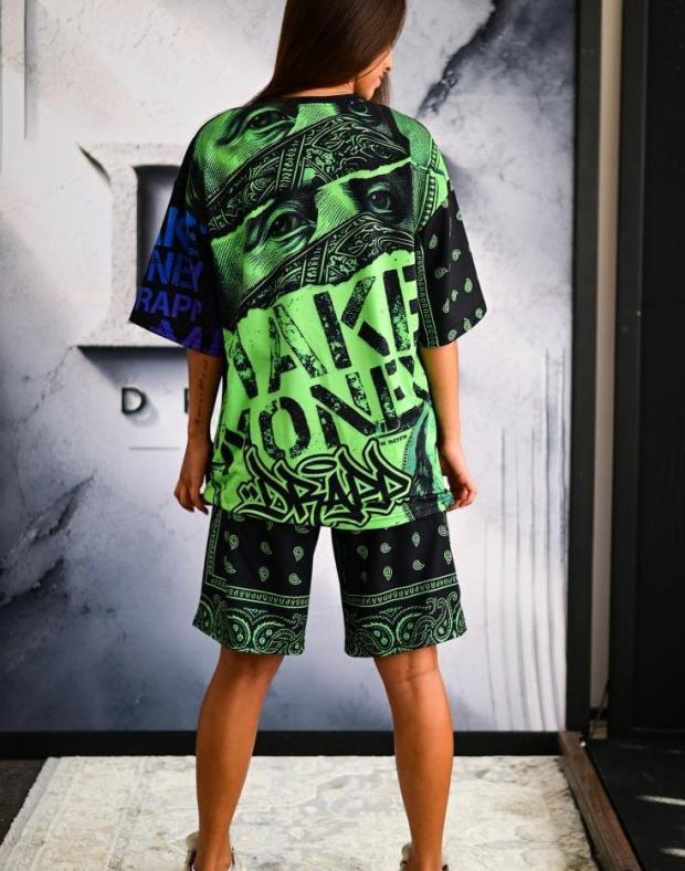 Спортивный костюм женский черный с неоново-синим принтом и шортами, микс хлопок и полиэстер, весна/лето - Фото 3
