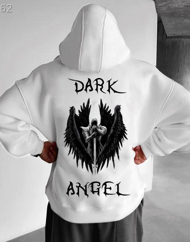 Мужское белое оверсайз худи с принтом Dark Angel, хлопок - Фото 1