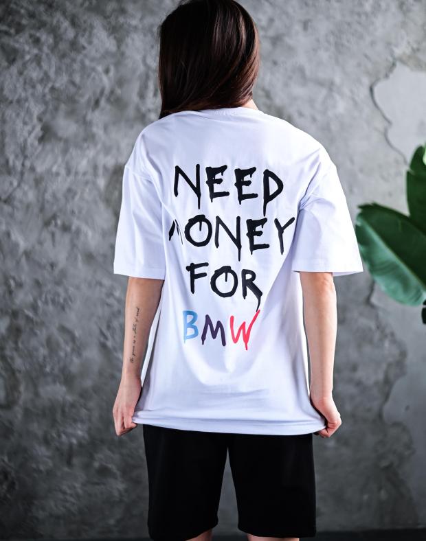 Спортивный костюм женский белый с принтом Need Money For BMW, хлопок/полиэстер, весна/осень - Фото 1