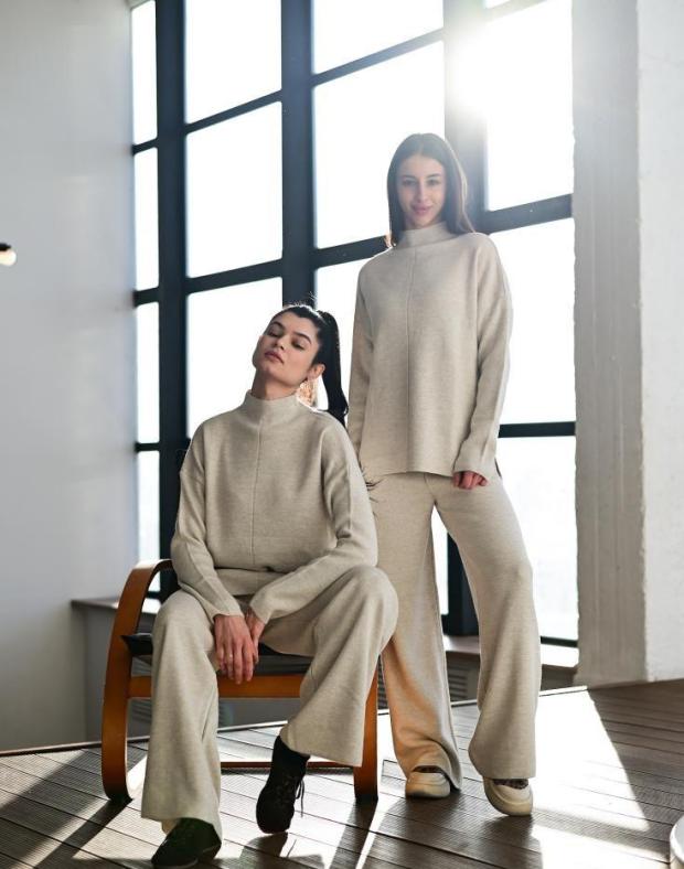 Спортивный костюм женский светло-бежевый relaxed fit хлопок, осень/зима - Фото 7