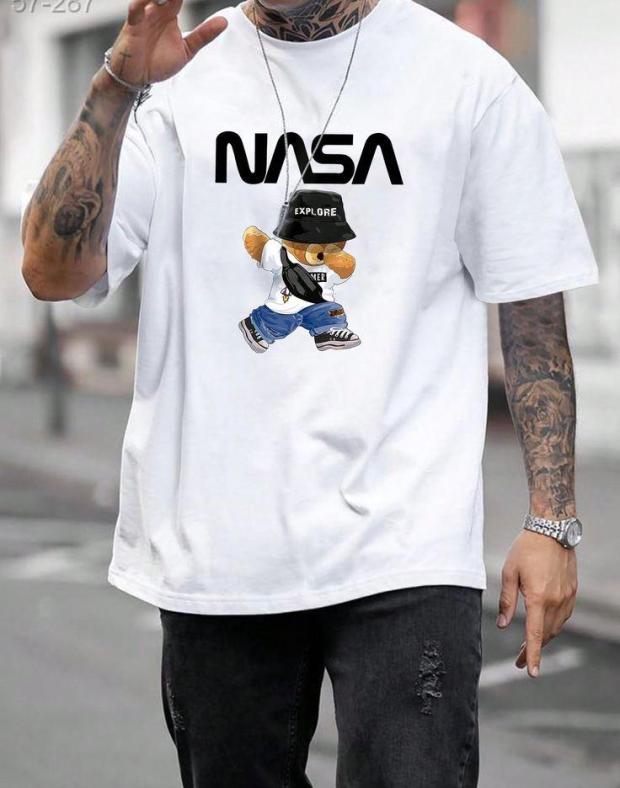 Мужская белая оверсайз футболка с принтом NASA и медведем, хлопок - Фото 1