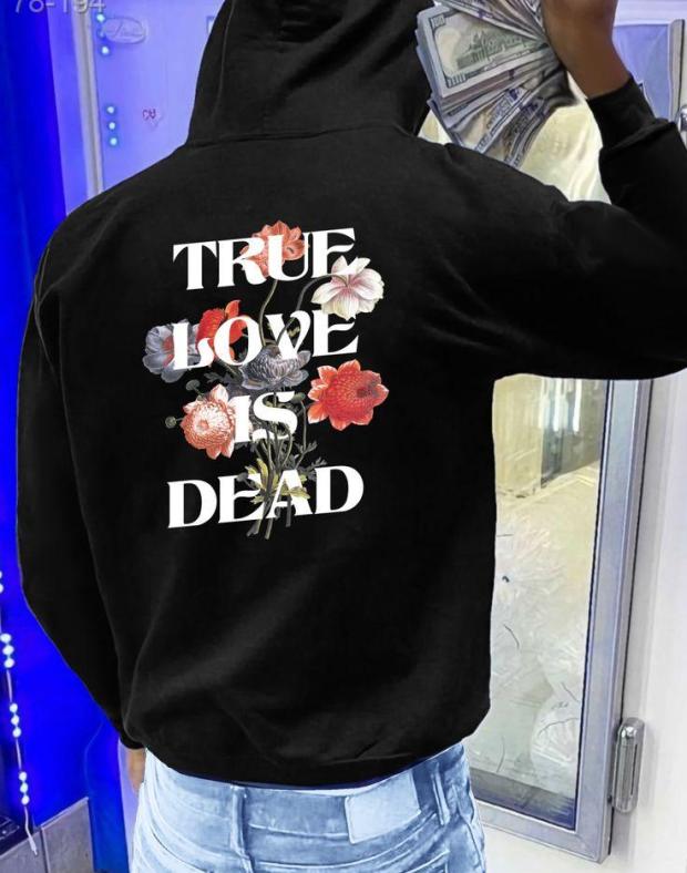 Черное мужское худи оверсайз с принтом TRUE LOVE IS DEAD, 100% хлопок - Фото 1