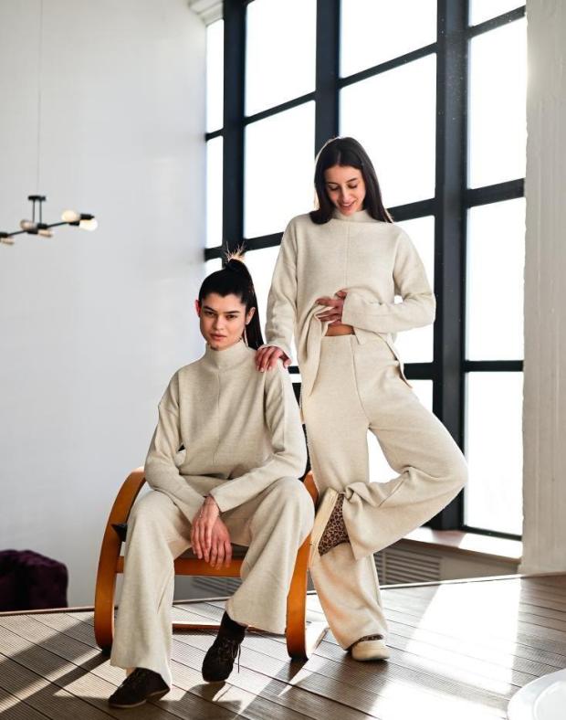 Спортивный костюм женский светло-бежевый relaxed fit хлопок, осень/зима - Фото 6