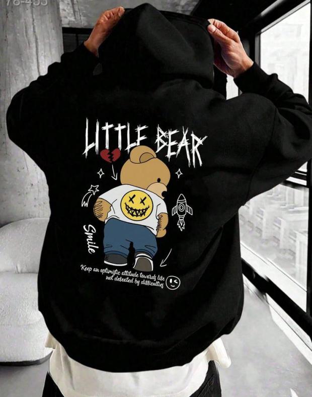 Чоловіче чорне оверсайз худі з принтом Little Bear, бавовна, M-XXL