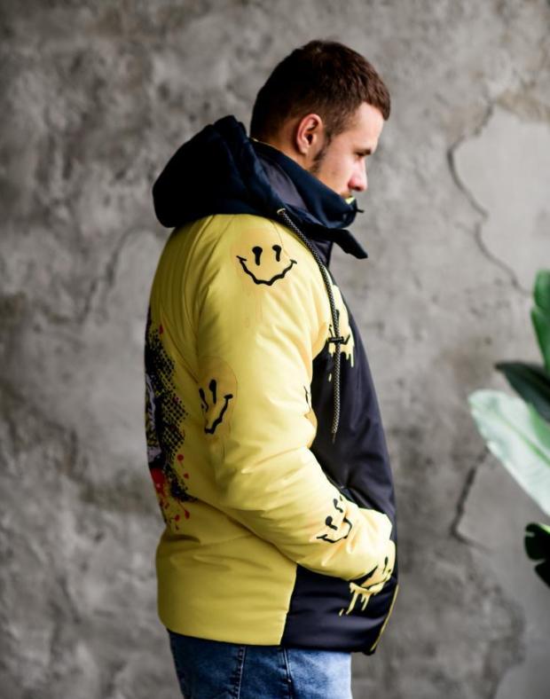 Куртка чоловіча чорна з жовтим яскравим принтом smiley, зимова - Фото 4
