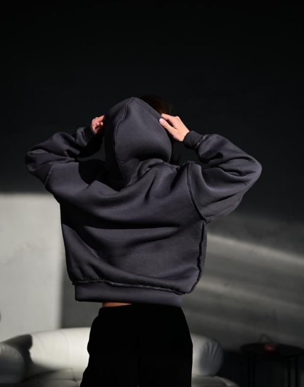 Худі жіноче темно-сіре oversize на флісі - Фото 4