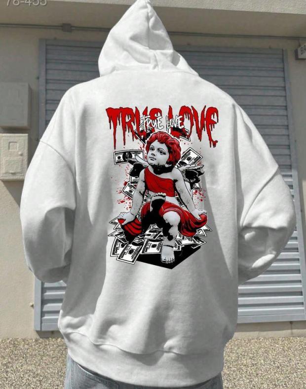Чоловіче біле оверсайз худі з принтом TRUE LOVE, 100% бавовна