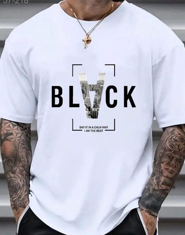 Белая мужская футболка оверсайз с принтом BLVCK, 100% хлопок - Фото 1