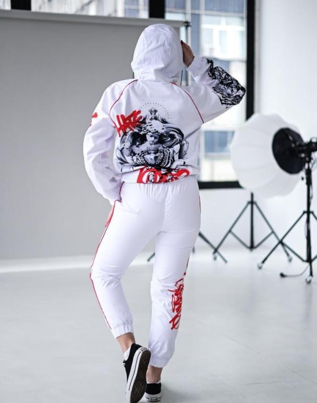 Спортивный костюм женский белый с худи и графическим принтом, плащевка, весна/осень - Фото 5
