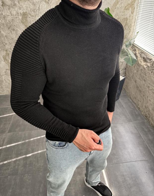 Свитер мужской черный с высоким воротником, шерсть - Фото 3