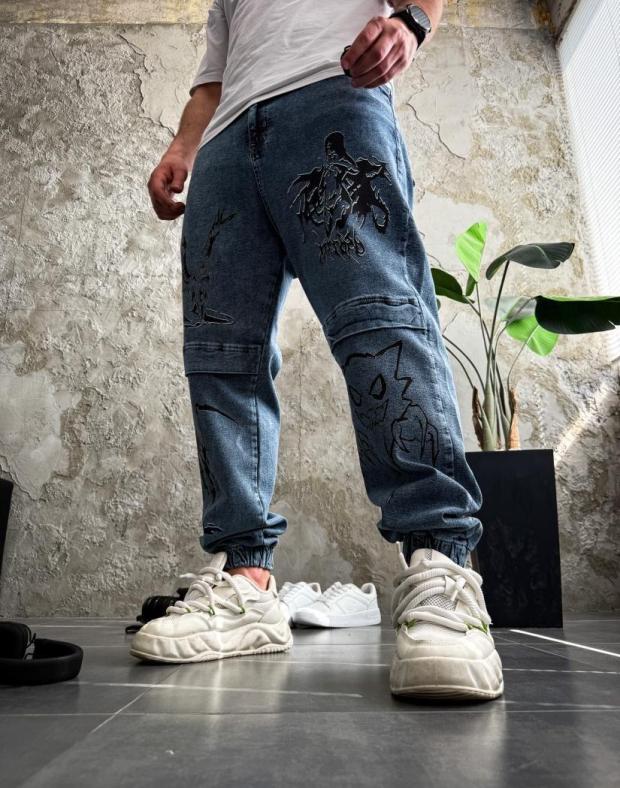 Джинси чоловічі сині з принтом street-style, бавовна - Фото 3