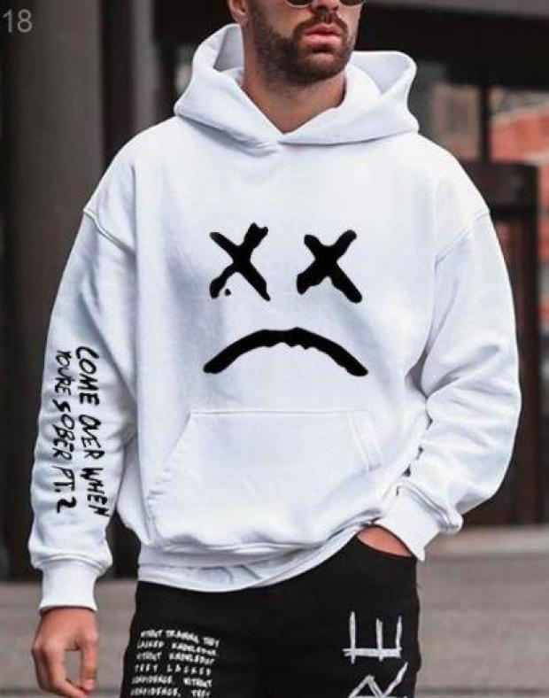 Чоловіче біле худі оверсайз з принтом, 100% бавовна, S-XXL