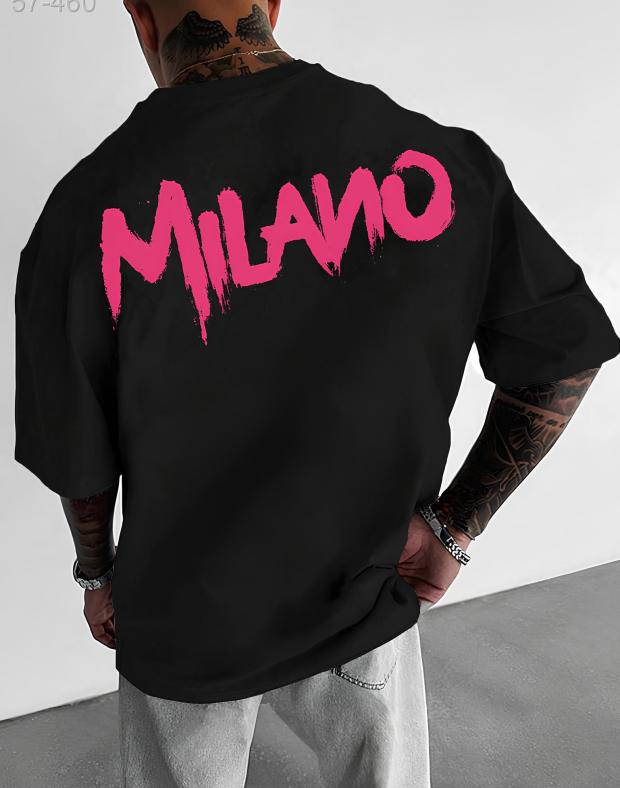 Футболка мужская черная оверсайз с розовым принтом MILANO, хлопок-полиэстер - Фото 1