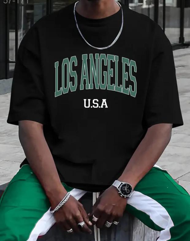 Мужская чёрная оверсайз футболка с принтом Los Angeles, хлопок - Фото 1
