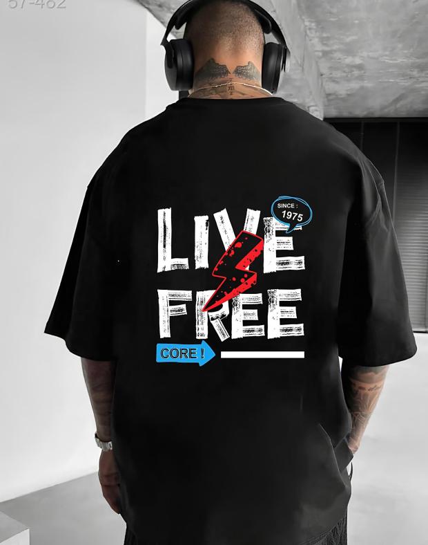 Футболка унисекс черная оверсайз с принтом LIVE FREE, хлопок/полиэстер - Фото 1