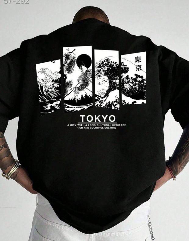 Мужская чёрная оверсайз футболка с принтом Tokyo, 100% хлопок - Фото 1