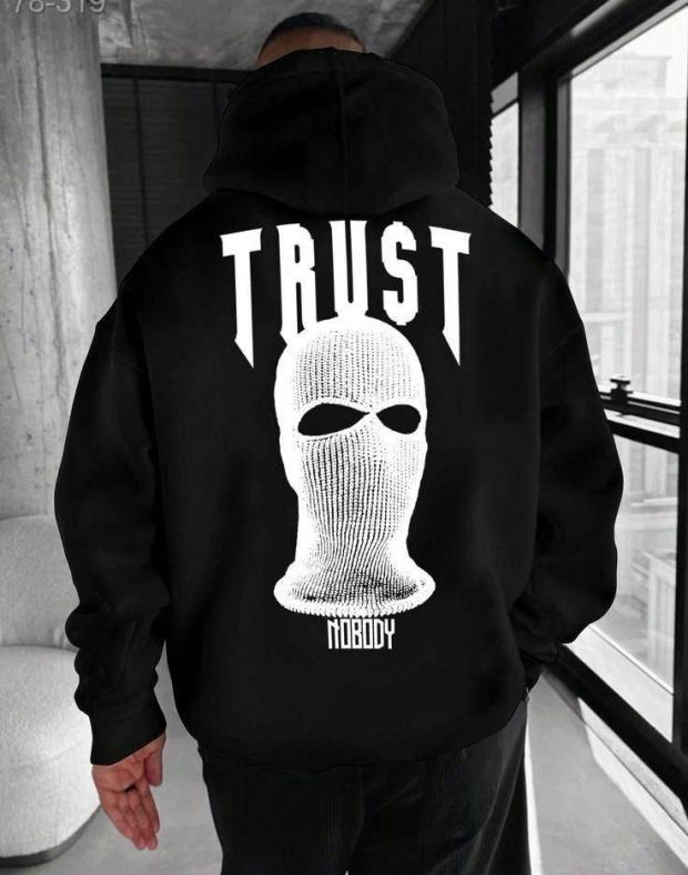 Мужское чёрное худи оверсайз с капюшоном и принтом Trust Nobody - Фото 1